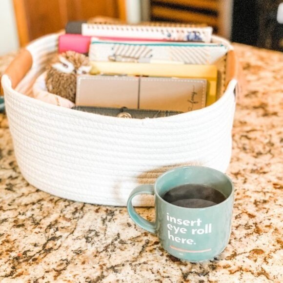 Cotton Rope & Leather Decorative Storage Bin | Ivory | 13" W x 14" D x 6" H - Picture 5 of 5